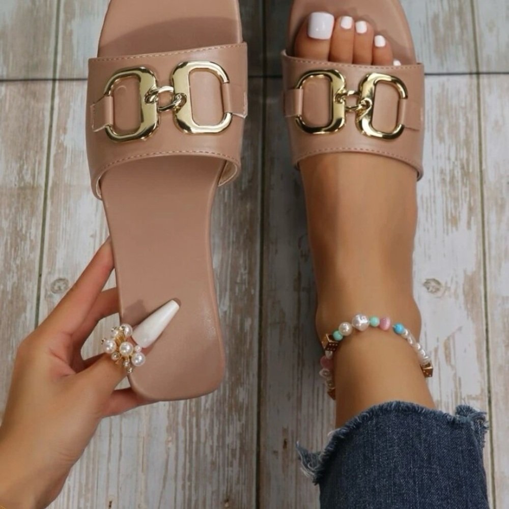 Shein Camel Flat Sides with gold metal decor. Size 38.